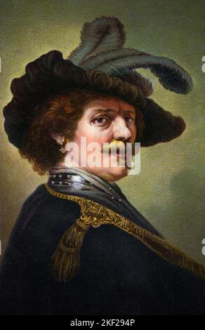 1630S SELBSTPORTRAIT TRONIE VON REMBRANDT ALS OFFIZIER MIT GROSSEM GEFIEDERTEN HUT GORGET UND GOLDENEM SCHULTERTUCH UND ÖL AUF HOLZPLATTE - KA9434 HAR001 HARS SCHNURRBÄRTE UND TRIMMEN ÜBER DER SCHULTER GESICHTSHAAR BERUFE DERIVAT PHANTASIE POSTKARTE STILVOLLE KREATIVITÄT EPAULET GEFIEDERTER GORGET MITTELERWACHSENER MANN REMBRANDT 1630S BAROCK KAUKASISCHE ETHNIE NIEDERLÄNDISCH GOLDENES ALTER HAR001 ALTMODISCH Stockfoto