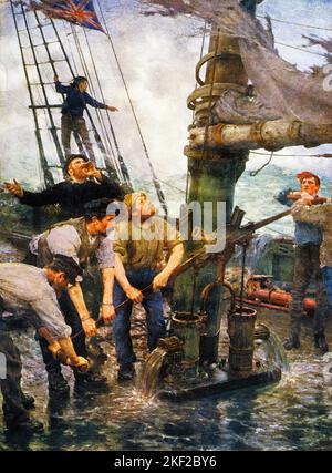 1880S ALLE HÄNDE AN DAS PUMPS-GEMÄLDE VON HENRY SCOTT TUKE ZEIGT SEGELSCHIFF IN SCHWERER NOT WÄHREND STÜRMISCHER SEE - KH13588 NAW001 HARS KATASTROPHE ABENTEUER GEFÄHRLICHE STÄRKE MUT NOT AUFREGUNG ÄUSSERE FÜHRUNG MÄCHTIGE RISKANT GEFÄHRLICHE BERUFE SEELEUTE GEFAHR UNSICHER KONZEPTIONELLE TAKELAGE 1880S SEELEUTE GEFÄHRDET AWASH ZUSAMMENARBEIT ENSIGN MAST MID-ADULT MAN SEGEL SCHIFFFAHRT ZEIGT LÖSUNGEN JUNGEN ERWACHSENEN MANN MARITIM ALTMODISCHES SCHWERES KOPFÜBER GEDREHTES GEFÄSS Stockfoto