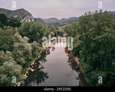 Luftaufnahme des einsamen und ruhigen Flusses mit vielen Steinen umgeben von Bäumen und Vegetation an einem bewölkten Tag, nalon Fluss, spanien Stockfoto