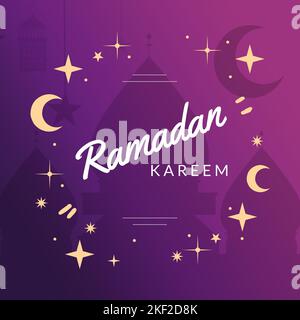 Komposition des ramadan-Karäm-Textes über Moschee und Halbmondformen auf violettem Hintergrund Stockfoto