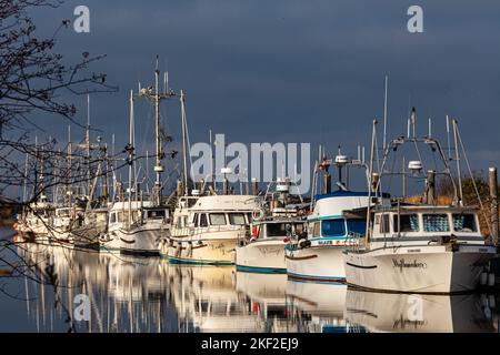 Kleine kommerzielle Fischereifahrzeuge, die am Scotch Pond in Steveston, British Columbia, Kanada, festgemacht sind Stockfoto