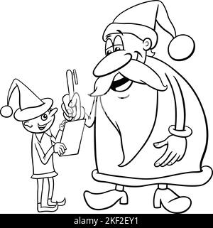 Schwarz-Weiß-Cartoon-Illustration von Santa Claus mit Weihnachten Elf Malvorlagen Stock Vektor