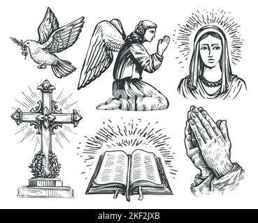 Gebetsengel, gefaltete Hände im Gebet, christliches Kreuz, Bibelbuch, Fliegende Taube mit Olivenzweig, Heilige Maria Stock Vektor