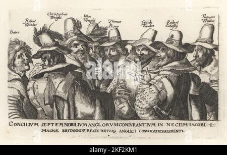 Guy Fawkes und andere Verschwörer von Gunpowder Plot, 1605. Thomas Bates, Robert Winter, Christopher Wright, John Wright, Thomas Percy, Guido Fawkes, Robert Catesby und Thomas Winter. Nach einem Stich von Crispijn van de Passe. Kupferstich aus Samuel Woodburns Galerie für seltene Porträts, bestehend aus Originalplatten, George Jones, 102 St Martin’s Lane, London, 1816. Stockfoto