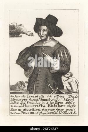 Mary Frith, Moll Cut Purse, The Roaring Girl, c.1584-1659. Englisch crossdressing kriminelle der Regierungszeit von König Karl II.. Wahrsager, Taschendiebe und Zaun oder Empfänger gestohlener Güter von Glühwein Sack und anderen. Moderner Porträtdruck in Männerkleidung mit Papagei, Affen und Löwentamarin. Kupferstich aus Samuel Woodburns Galerie für seltene Porträts, bestehend aus Originalplatten, George Jones, 102 St Martin’s Lane, London, 1816. Stockfoto