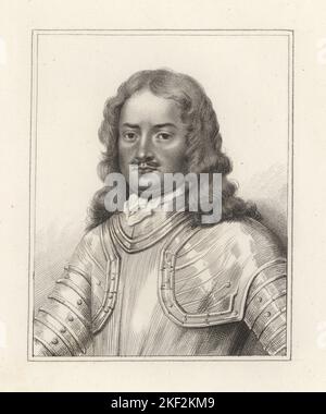 Sir Henry Gage, englischer royalistischer Soldat und Gouverneur von Oxford, 1597-1645. Mit langen Haaren, Schnurrbart, Brustpanzer und Rüstung. Oberst Gage. Aus einer Zeichnung von John Bullfinch. Kupferstich aus Samuel Woodburns Galerie für seltene Porträts, bestehend aus Originalplatten, George Jones, 102 St Martin’s Lane, London, 1816. Stockfoto