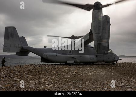 Ein US Marine Corps MV-22B Osprey, der Marine Medium Tiltrotor Squadron (VMM) 265 zugewiesen wurde, landet während der Übung Keen Sword 23 auf Tutsara Island, Kumamoto, Japan, 14. November 2022. Keen Sword übt die kombinierten Fähigkeiten und die Letalität aus, die zwischen dem 1. Marine Aircraft Wing, der III Marine Expeditionary Force und der Japan Self Defense Force (JSDF) entwickelt wurden. Diese bilaterale Übung vor Ort zwischen dem US-Militär und JSDF stärkt die Interoperabilität und die Kampfbereitschaft der US-Japan Alliance. (USA Marine Corps Foto von PFC. Justin J. Marty) Stockfoto