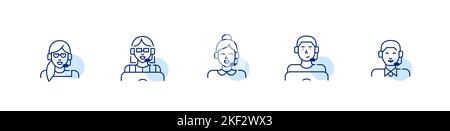 Symbole für Mitarbeiter des technischen Supports gesetzt. Helpdesk-Mitarbeiter, die mit Headsets und Laptops arbeiten. Pixelgenaue, bearbeitbare Kontur Stock Vektor