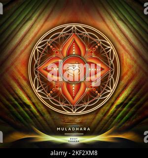 WURZELCHAKRA (1. Chakra, Muladhara) auf dem mystischen Hintergrund der Blume des Lebens. Es steht für: Energie, Stabilität, Komfort, Sicherheit. Affirmation: „Ich BIN“) Stockfoto