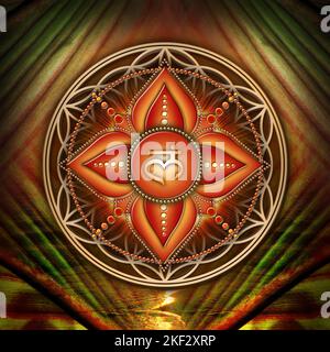 WURZELCHAKRA (1. Chakra, Muladhara) auf dem mystischen Hintergrund der Blume des Lebens. Es steht für: Energie, Stabilität, Komfort, Sicherheit. Affirmation: „Ich BIN“) Stockfoto