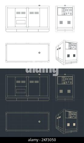 Stilisierte Vektordarstellung von Blaupausen des Dieselgenerators Stock Vektor