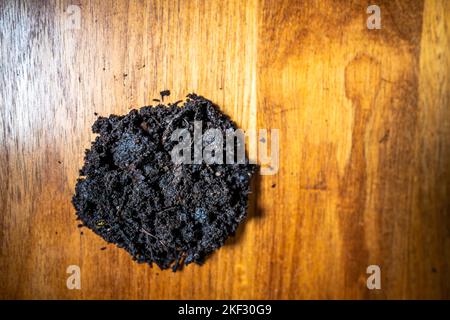 Durchführung eines Bodentests in einem Heimlabor. Boden auf einem Tisch. Brauner Schmutz auf einem Feld. Erdhaufen und Kompost Stockfoto