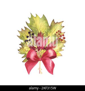 Bouquet Herbst Ahorn, Eiche, Pappelblätter und Beeren Aquarell isoliert auf weißem Hintergrund. Thanksgiving und halloween handgezeichnete Illustration. Kunst Stockfoto