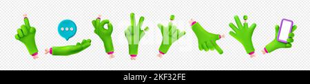 Zombie Handgesten auf transparentem Hintergrund gesetzt. Grüne Monster Finger mit gruseligen Knochen zeigen, ok, Sieg, hallo, rufen Sie mich Gesten, Halten des Smartphones und des Chat-Symbols. 3D Vektorgrafik Stock Vektor