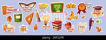 Happy Teacher Day Sticker Pack, Cartoon Brille, Tafel, Lehrbuch oder Lineal, Bleistift, Glühbirne, Herbst Ahornblätter, Feder und Apfel. Notizbuchseiten, Stift, akademische Kappe und Sterne Vector-Patches-Set Stock Vektor