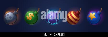 Bomben mit Sicherung Requisiten Spiel Symbole. Explosive Militärwaffe mit Seildocht, Totenkopf, Dollarzeichen, elektrischen Blitzen, Streifen und Stern. Cartoon Metallkugeln 3D Vektor-Set, Benutzer Asten, grafische Elemente Stock Vektor