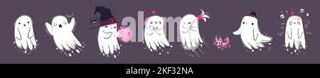 Niedliche Geister in Hexenhut, mit Blume, Schädel, erschrecken, Zauberspruch machen und mit Moor-Skelett gehen. Fliegende weiße Geister und Phantome, Vektor-Cartoon-Set isoliert auf dem Hintergrund. Stock Vektor
