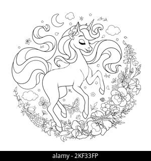 Schönes Einhorn umgeben von Blumen und Schmetterlingen. Cartoon Vektor Illustration für die Färbung. Stock Vektor