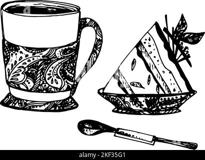 Handgezeichnete Skizze des Teetasse mit köstlichem Käsekuchen und Teelöffel. Vintage-Skizze. Ideal für Banner, Label, Poster Stock Vektor