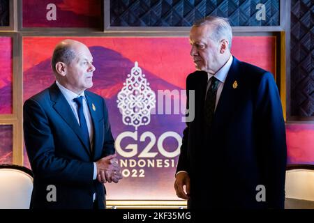 Nusa Dua, Indonesien. 16.. November 2022. Bundeskanzler Olaf Scholz (L) und der türkische Präsident Recep Tayyip Erdogan treffen sich am Rande des Gipfels von G20 zu bilateralen Gesprächen. Quelle: Christoph Soeder/dpa/Alamy Live News Quelle: dpa picture Alliance/Alamy Live News Stockfoto