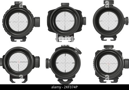 Sniper optische Sicht. Militärischer Scharfschütze POV, Zielgewehr und Zoomobjektiv. Teleskop für Waffen 3D Vektor Illustration Set Stock Vektor