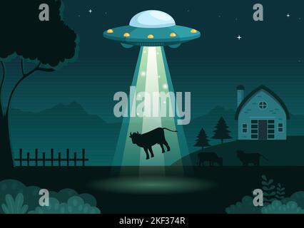 UFO fliegendes Raumschiff mit fliegender Untertasse über dem Stadthimmel Kanäle Menschen oder Tiere in flachen Cartoon Handgezeichnete Vorlagen Illustration Stock Vektor