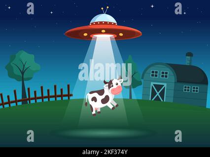 UFO fliegendes Raumschiff mit fliegender Untertasse über dem Stadthimmel Kanäle Menschen oder Tiere in flachen Cartoon Handgezeichnete Vorlagen Illustration Stock Vektor