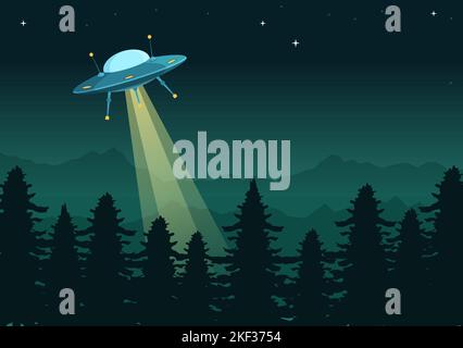 UFO fliegendes Raumschiff mit Lichtstrahlen in Sky Night City View und Alien in Flat Cartoon Handgezeichnete Vorlagen Illustration Stock Vektor