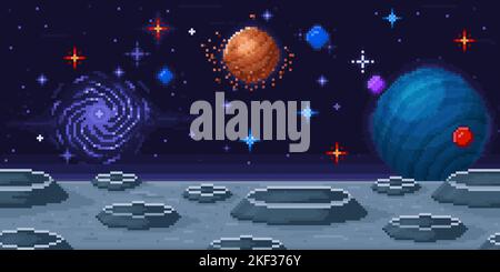 Pixel Art Planetenoberfläche. Space Arcade 8-bit Videospiel Lage, Mondlandschaft und Galaxie Himmel Vektor Hintergrund Illustration Stock Vektor