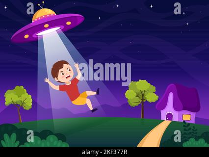 UFO fliegendes Raumschiff mit fliegender Untertasse über dem Stadthimmel Kanäle Menschen oder Tiere in flachen Cartoon Handgezeichnete Vorlagen Illustration Stock Vektor