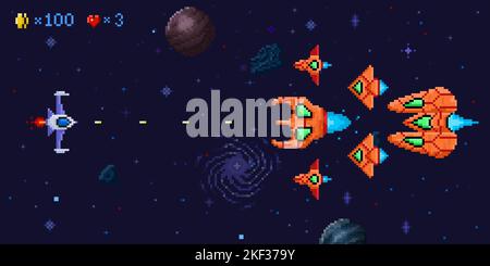 Space Battle Arcade-Spiel Ebene. Pixel Art galaktische Schlacht, Verteidiger Raumschiff und pixelige ufo-Feinde Vektor Illustration Stock Vektor