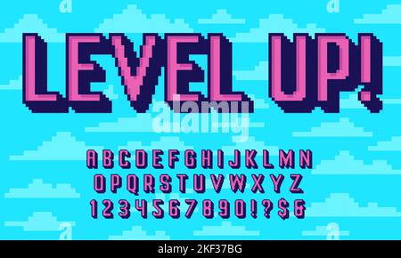 Retro Pixel Art 3D Schriftart. 8 Bit Typografie Alphabet, extrudierte Buchstaben und pixelige Zahlen alten Arcade-Spiel Stil Vektor-Set Stock Vektor