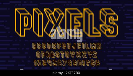 Futuristische Wireframe Pixel Art Schrift. Digitales 8-Bit-Alphabet, retro verpixelt 3D Buchstaben und Arcade-Spiel Zahlen Vektor-Set Stock Vektor