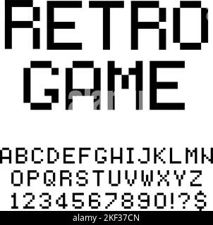 Retro Spiel Pixel Art Schriftart. Pixelige Buchstaben und Zahlen im Alphabet, ein Pixel Typografie-Vektorsatz Stock Vektor