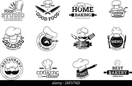 Kochetikett. Food Studio Emblem, Chef-Menü und Kochschule Klasse Etiketten mit Koch Hut Vektor-Set Stock Vektor