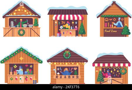 Weihnachtsmarktstände. Dekorationsgeschäft, Heißgetränkestände, Geschenkboxen und Strümpfe-Kiosk. Xmas fair Shops Vektor Illustration Set Stock Vektor