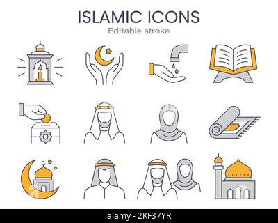 Arabische Ikonen wie islam, koran, Menschen, muslime, Hijab und mehr. Bearbeitbare Kontur. Stock Vektor