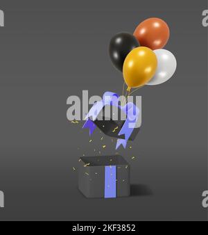 3D Dunkel glänzende Geschenkschachtel mit Ballonglitzern Stock Vektor