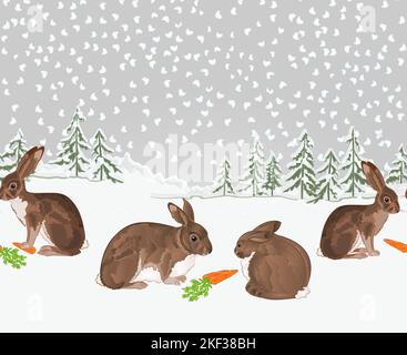 Grenze Winter Landschaft Wald mit Schnee Kaninchen und Hasen weihnachten Thema nahtlos natürlichen Hintergrund vintage Vektor Illustration editierbar Hand dra Stock Vektor