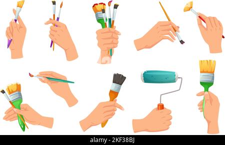 Pinsel in den Händen malen. Kreative Zeichnung, Kunstwerk Studio Workshop und Künstler Hand halten Malerei Werkzeug Cartoon Vektor-Set Stock Vektor