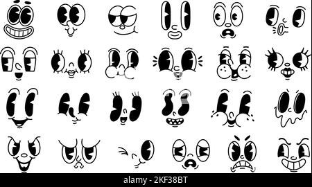 Retro 1930s Cartoon Gesichter. Alte lustige Maskottchen Mimik, Mund und Augen mit verschiedenen Emotionen für Charaktere Vektor-Set Stock Vektor