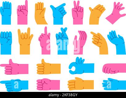 Cartoon-Handgesten. Verschiedene abstrakte Arme, Farbe zeigt Hände, ok und Daumen nach oben für Zeichen Design Vektor Illustration Set Stock Vektor
