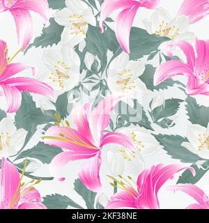 Nahtlose Textur Frühling Blumen Lily rosa Daylilie und Jasmin Natur Hintergrund vintage Vektor Illustration editierbar Hand zeichnen Stock Vektor