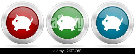 Sparschwein-Vektor-Symbolsatz. Rote, blaue und grüne silberne Metallic-Web-Knöpfe mit Chromrand Stock Vektor
