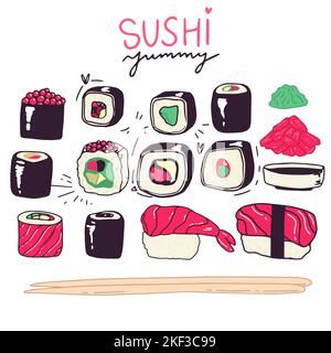 Sushi-Set auf Weiß. Isoliert auf Weiß. Stock Vektor