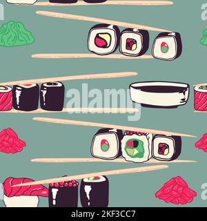 Vektor nahtloses Sushi-Muster Sushi isolierte Symbole in nahtlosem Muster, Vektordarstellung. Verpackungspapier für japanische Restaurants Stock Vektor