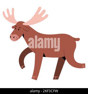 Niedliches Elchtier mit großen Hörnern, lustiges Waldsäugetier stehend und lächelnd, Illustration für Kinder Stock Vektor