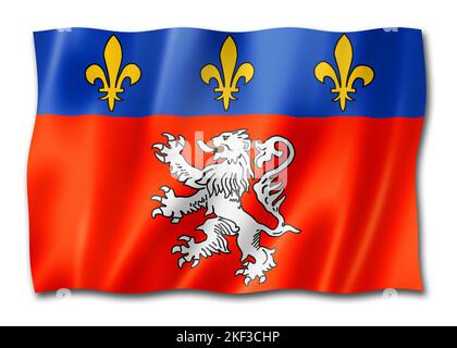 Flagge von Lyon, Frankreich winkende Bannersammlung. 3D-Darstellung Stockfoto