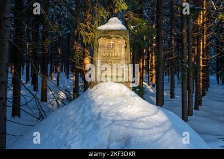 Steindenkmal im Winterwald. Inschrift: Der Aufseher Robert Melzer wurde bei einem Unfall an dieser Stelle am 19. August 1905 tödlich verletzt Stockfoto