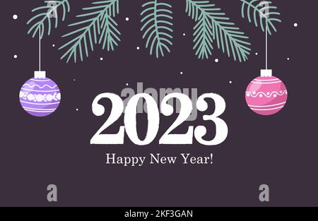 Inschrift 2023 und Neujahrsbanner mit weihnachtsspielzeug und Tannenzweigen Stock Vektor